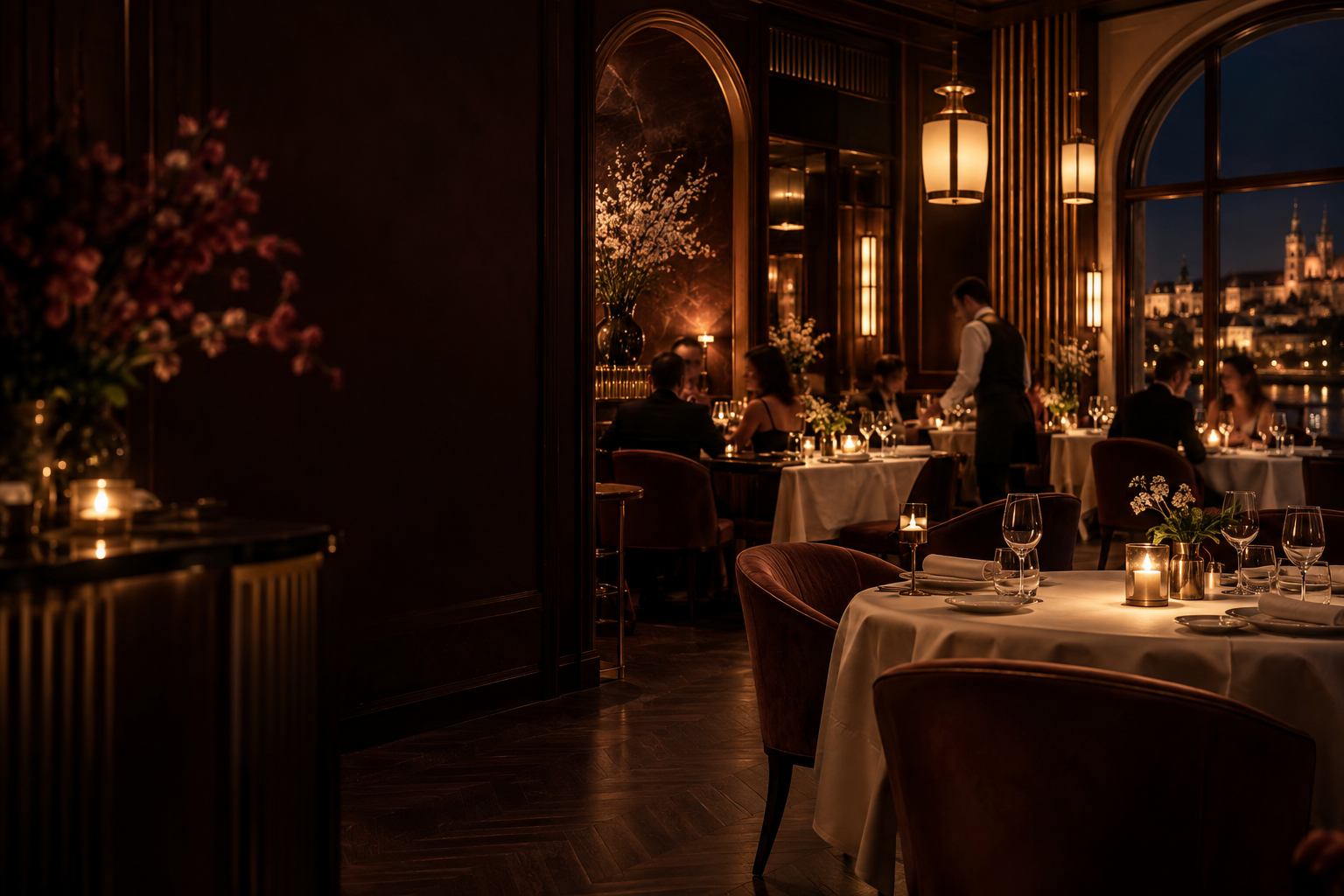 Wieczorny salon restauracji Złoty Talerz